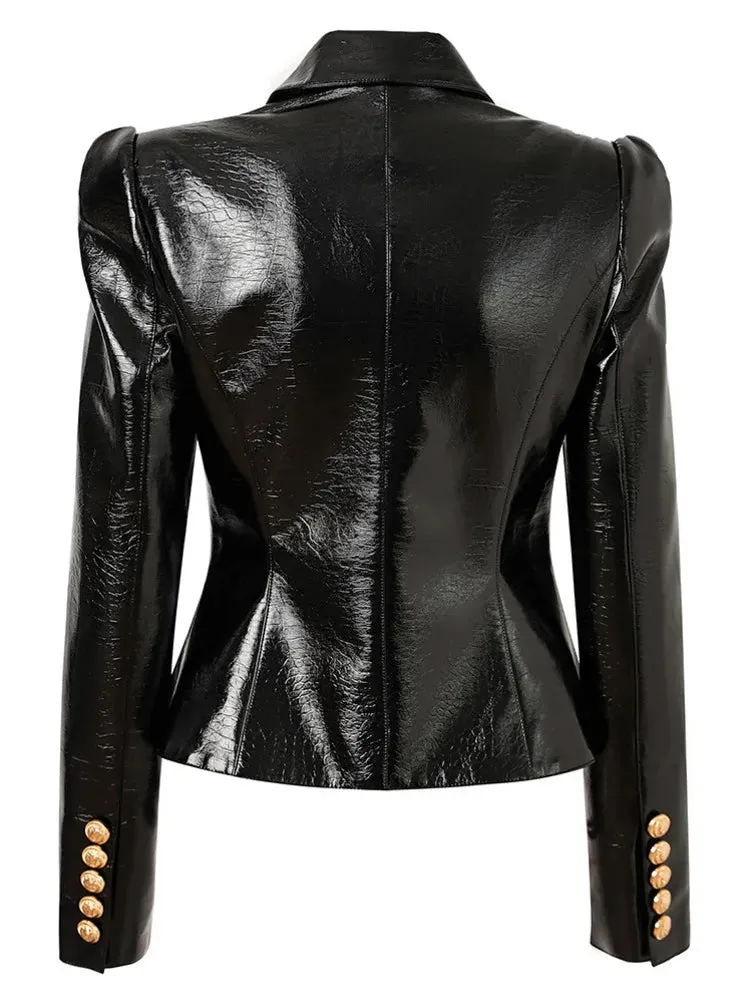 Black Embossed Croc Leather Gold Button Blazer