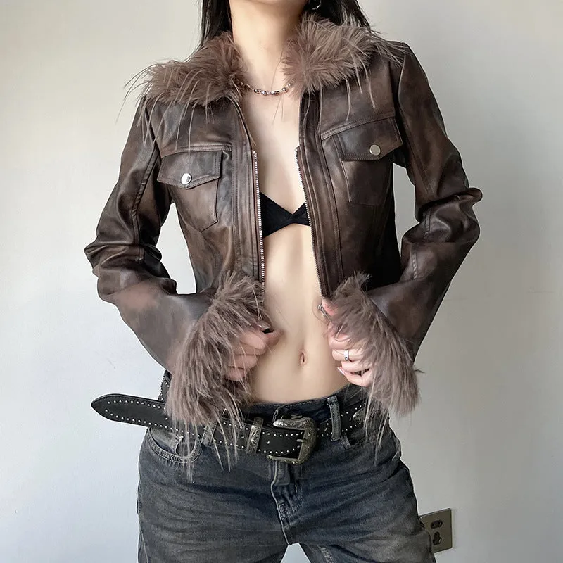 Fashionkova 90s streetwear Street Retro Wild Fur Collar Stitching Motorcycle Leather Coat Women's Pocket Design Zipper Slim Short Jacket