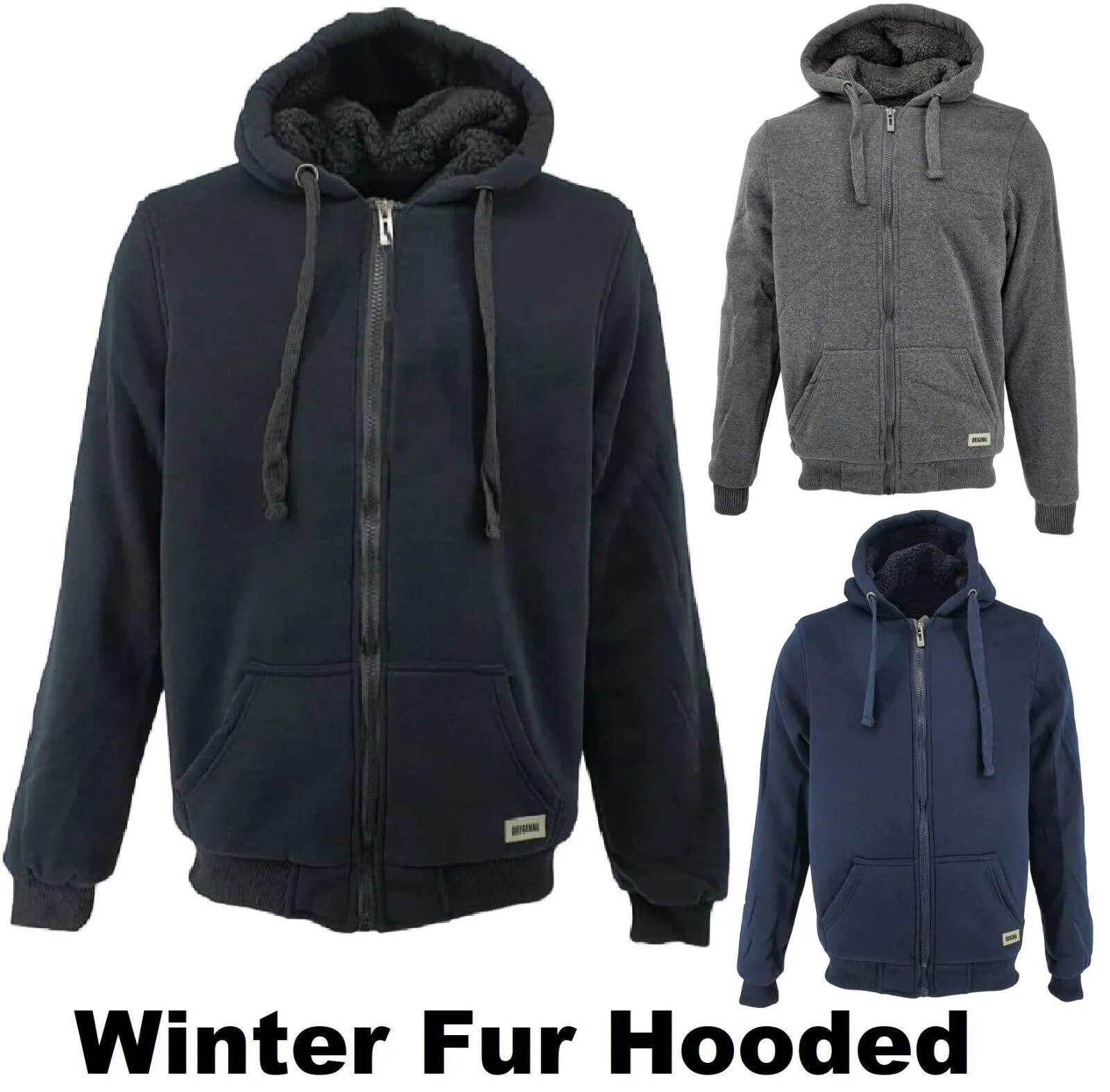 Fleece Fur Hoodie Winter Men Zipped Hoody Plain Sweatshirt Pullover Hooded M-XXL