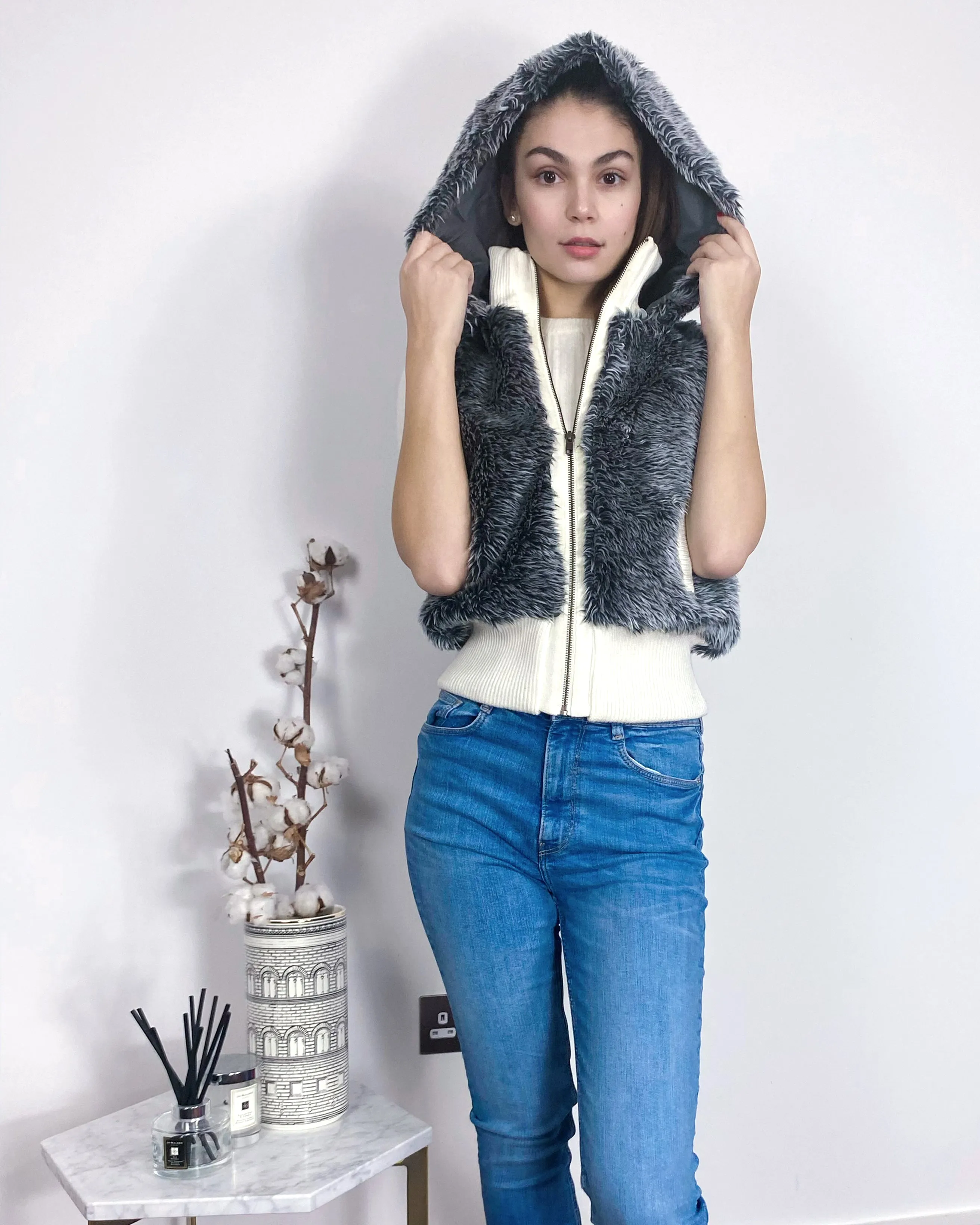 Fuax Fur Short Gilet with removeable hoody in grey