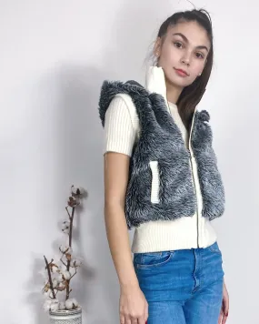 Fuax Fur Short Gilet with removeable hoody in grey