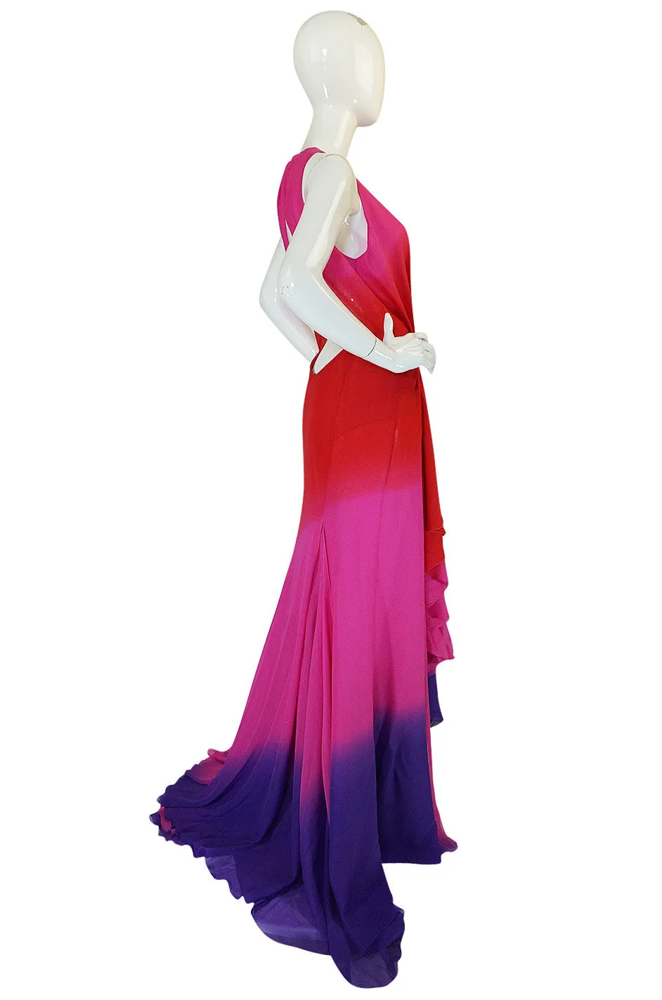 F/W 2002 Runway Versace Pink Ombre Backless Silk Chiffon Dress