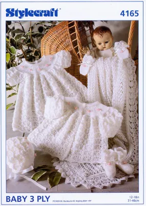 Matinee Coat, Dress, Bonnet, Bootees, Mittens and Shawl in Stylecraft Wondersoft 3 Ply (4165)