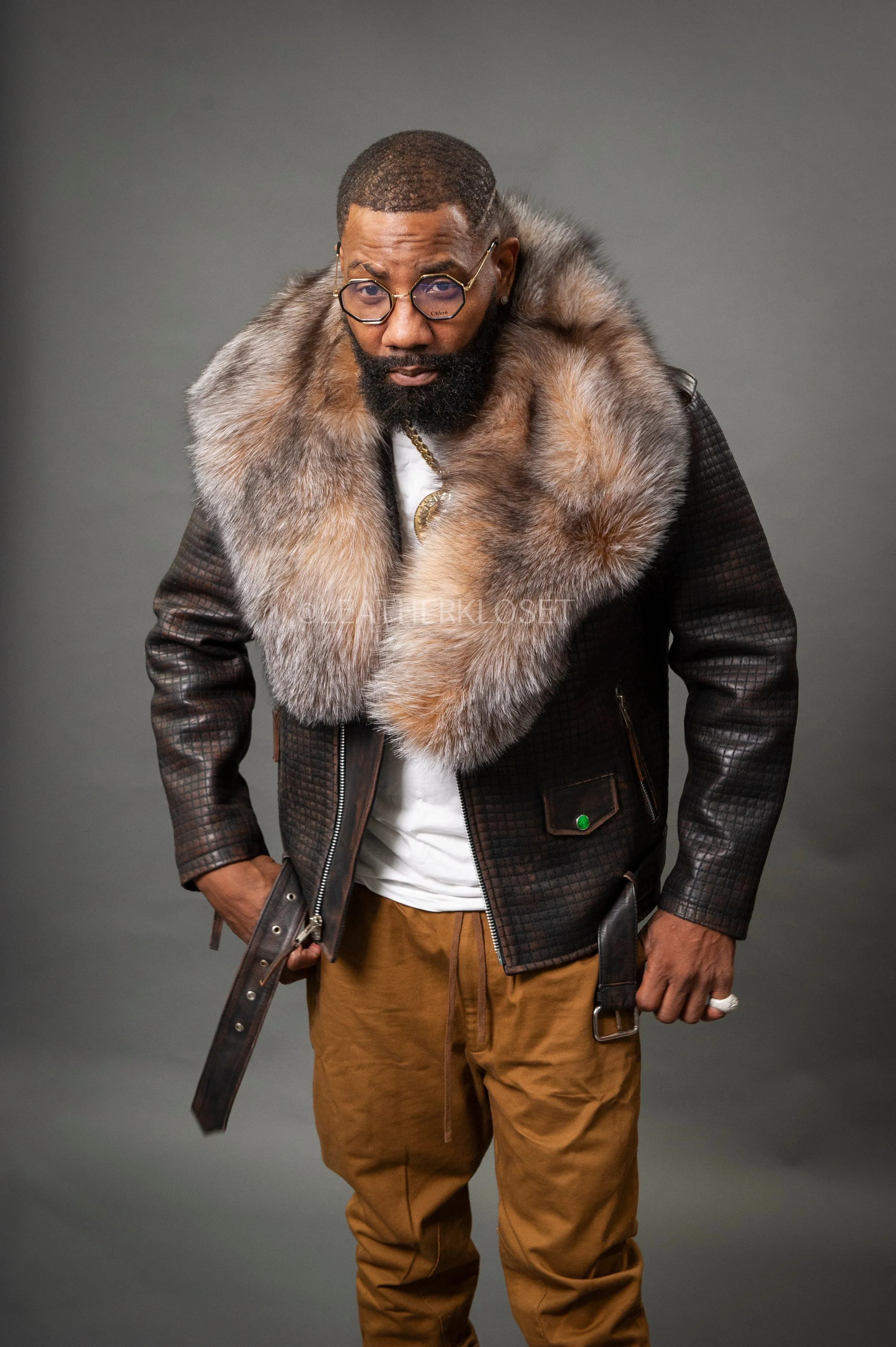 Men's Box Biker Brown Copper Leather Full Fox Fur Collar [Slim-Fit]