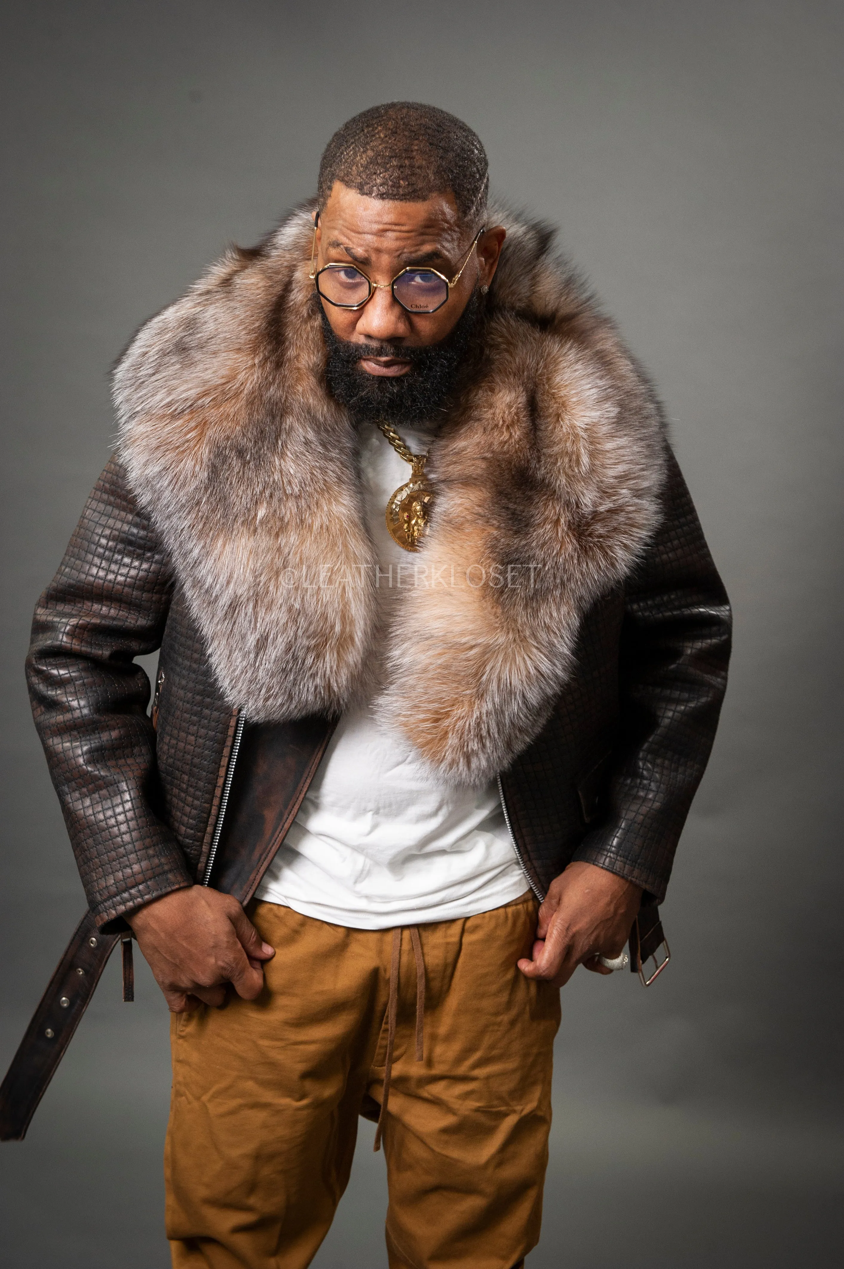 Men's Box Biker Brown Copper Leather Full Fox Fur Collar [Slim-Fit]