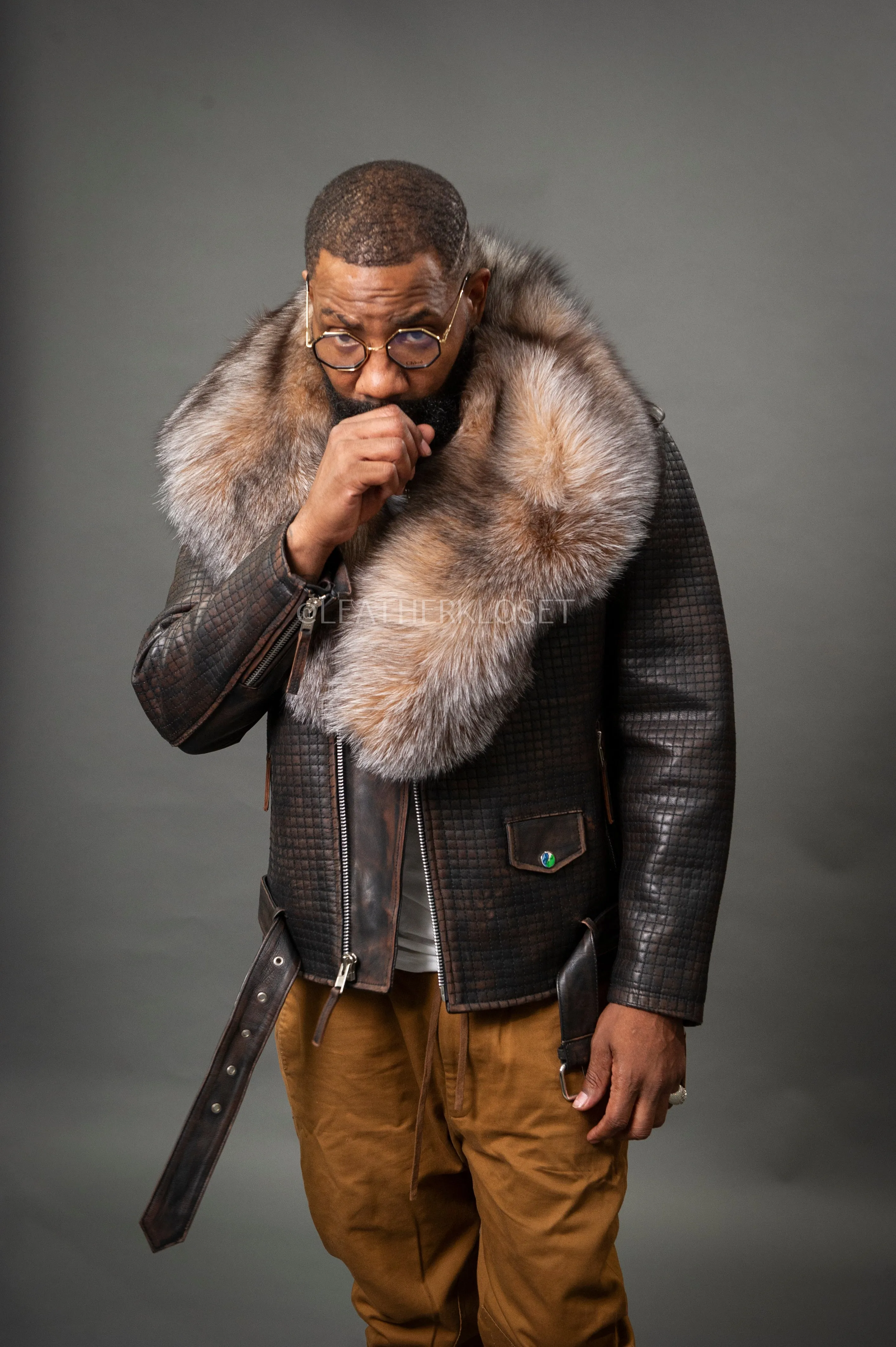Men's Box Biker Brown Copper Leather Full Fox Fur Collar [Slim-Fit]