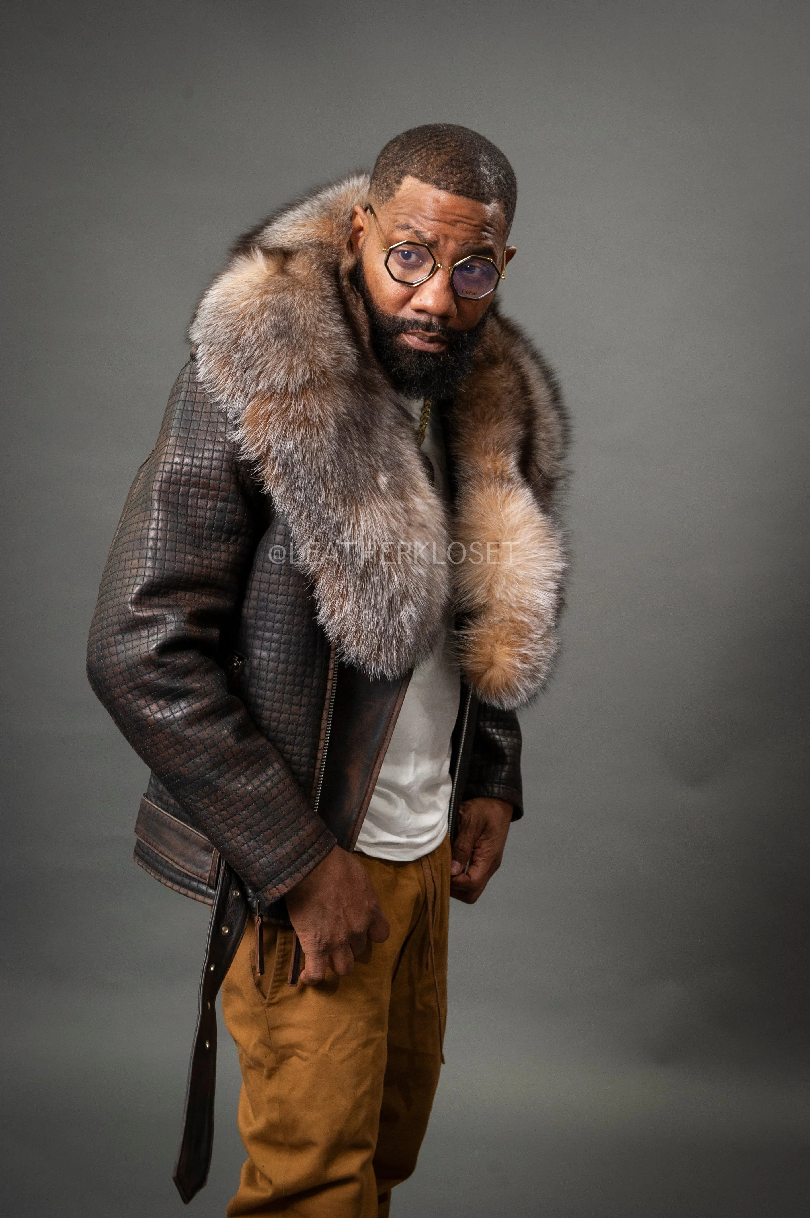 Men's Box Biker Brown Copper Leather Full Fox Fur Collar [Slim-Fit]