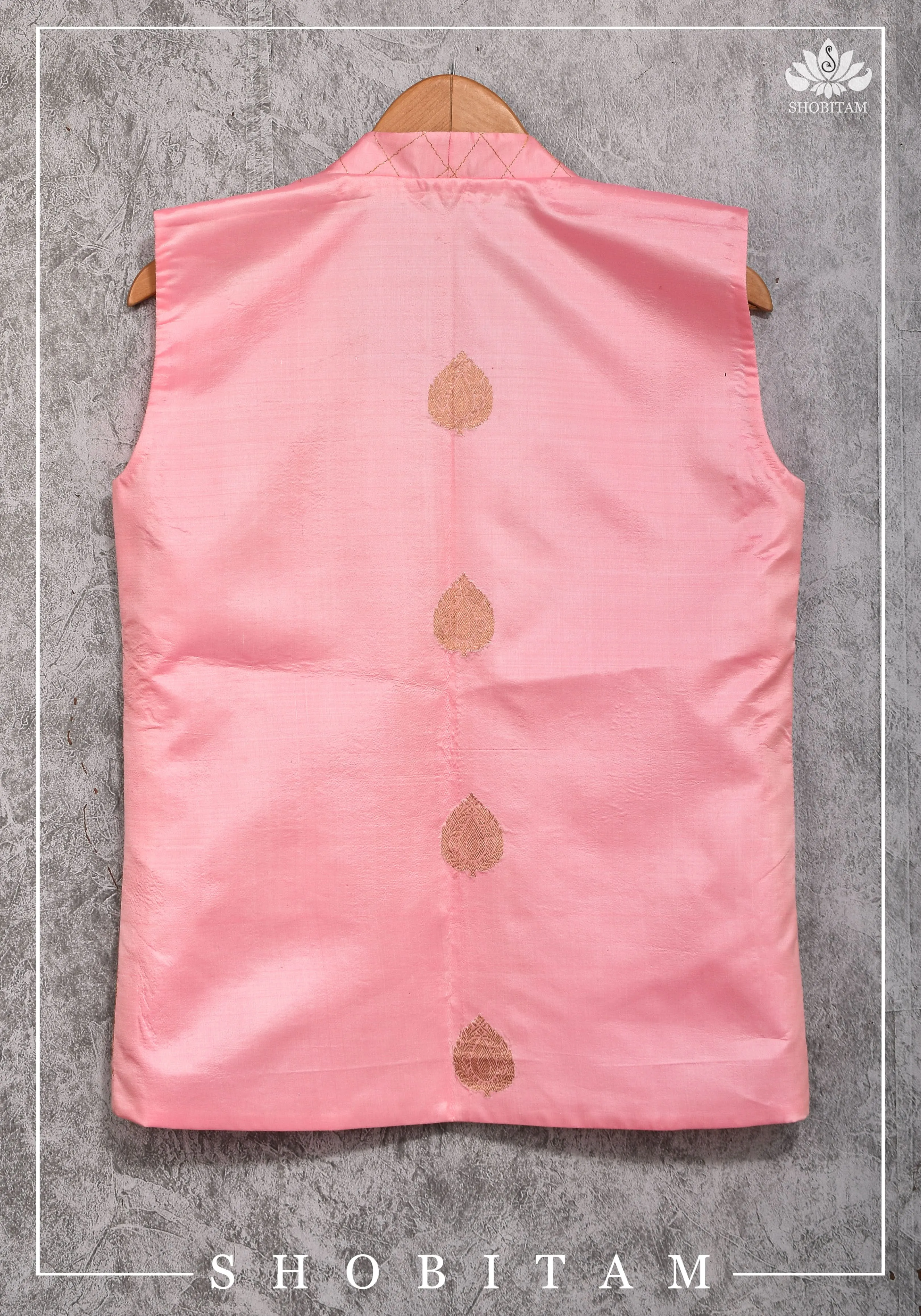 Size 38-29 : Pure Banarasi Silk Ladies Vest with Rekha Collar Neck in Carnation Pink, zari buttas and buttonless opening | Shobitam Jacket