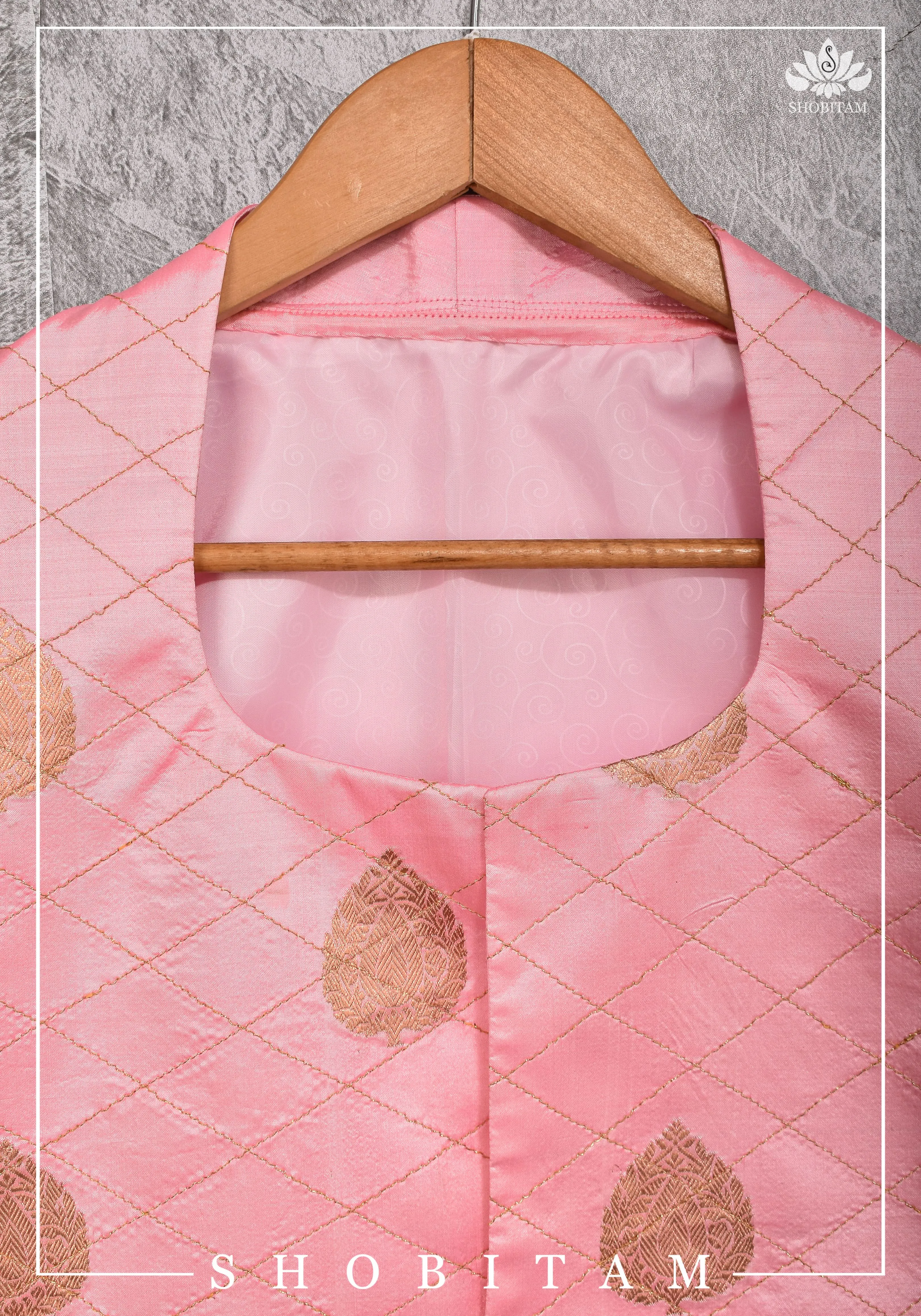 Size 38-29 : Pure Banarasi Silk Ladies Vest with Rekha Collar Neck in Carnation Pink, zari buttas and buttonless opening | Shobitam Jacket