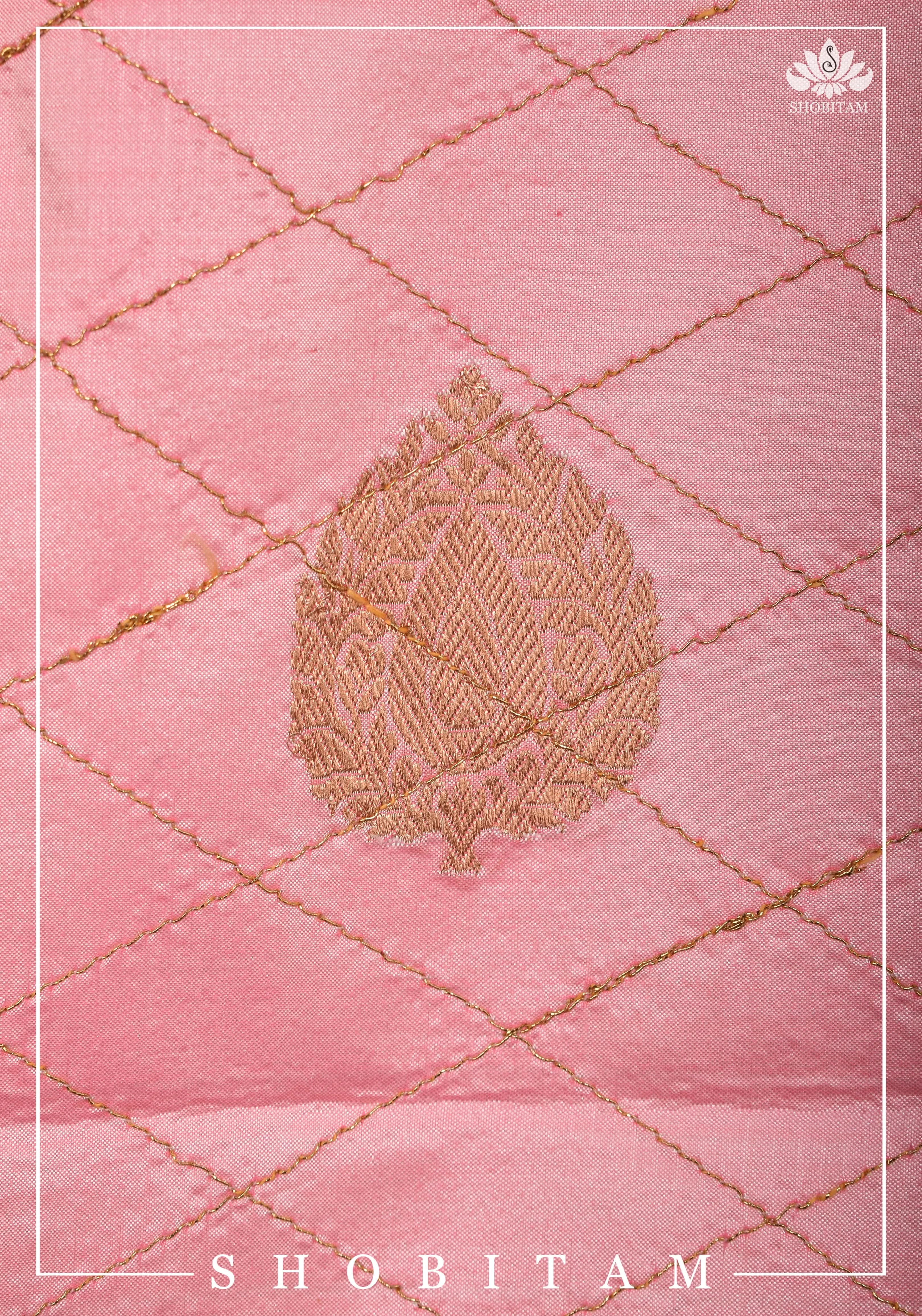 Size 38-29 : Pure Banarasi Silk Ladies Vest with Rekha Collar Neck in Carnation Pink, zari buttas and buttonless opening | Shobitam Jacket