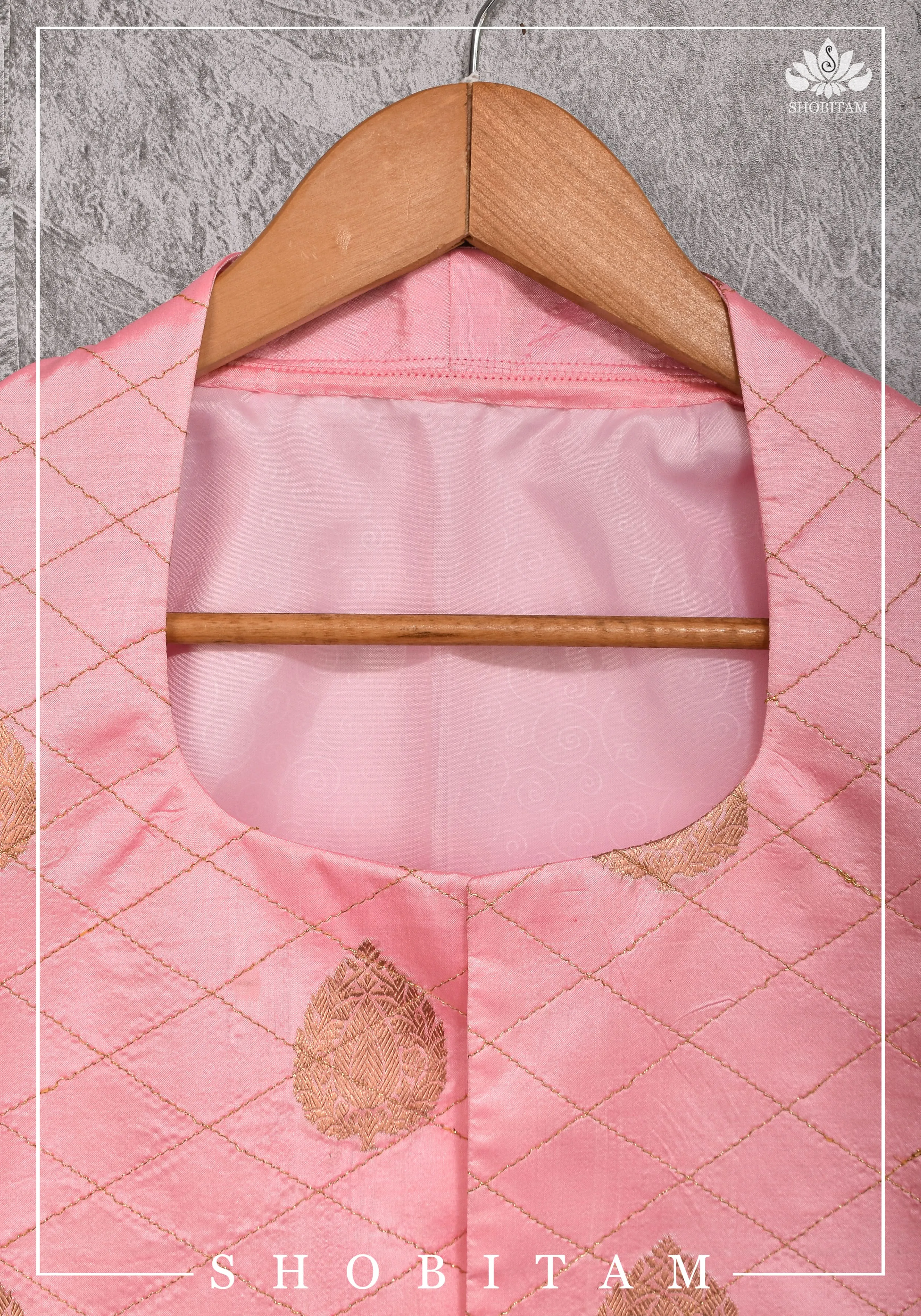 Size 38-29 : Pure Banarasi Silk Ladies Vest with Rekha Collar Neck in Carnation Pink, zari buttas and buttonless opening | Shobitam Jacket