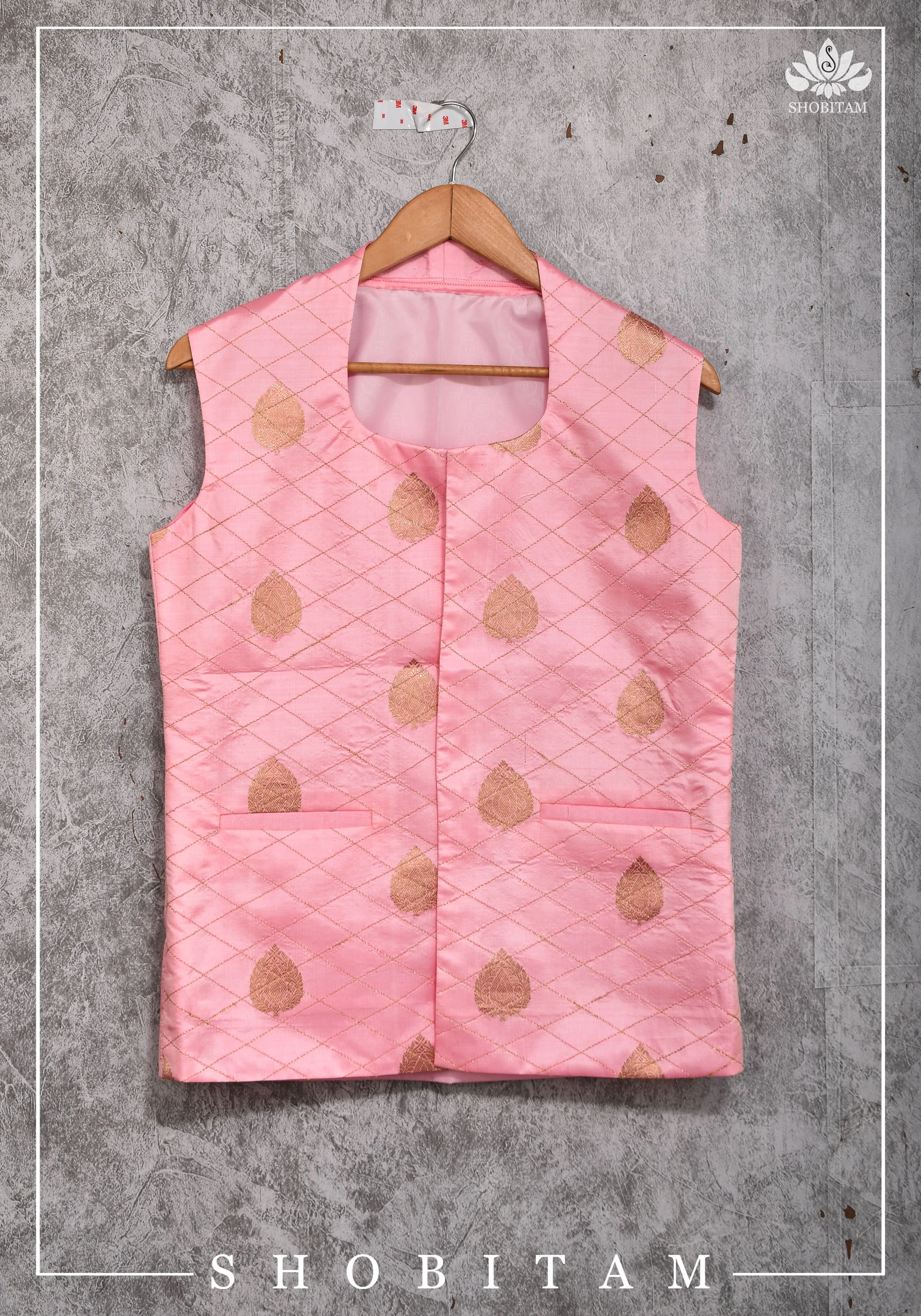 Size 38-29 : Pure Banarasi Silk Ladies Vest with Rekha Collar Neck in Carnation Pink, zari buttas and buttonless opening | Shobitam Jacket
