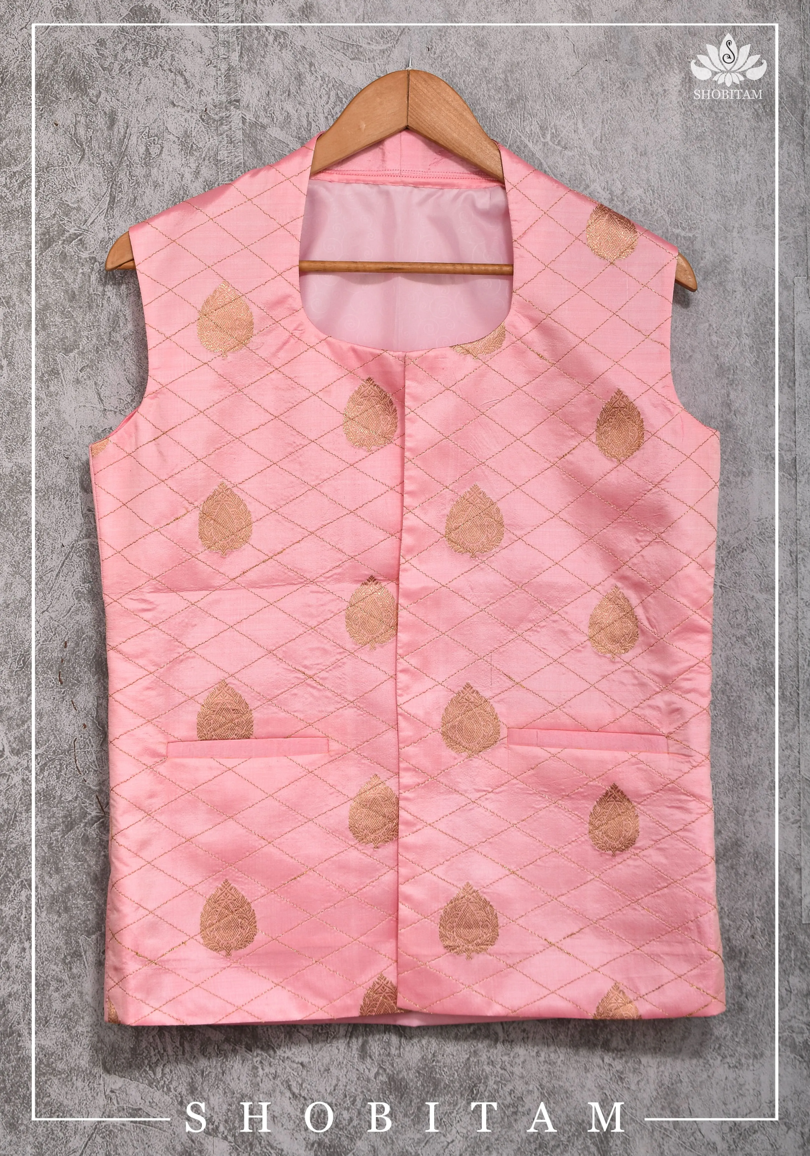 Size 38-29 : Pure Banarasi Silk Ladies Vest with Rekha Collar Neck in Carnation Pink, zari buttas and buttonless opening | Shobitam Jacket