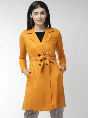 Style Quotient Women Solid Mustard Yellow viscose rayon smart casual Trench Coat