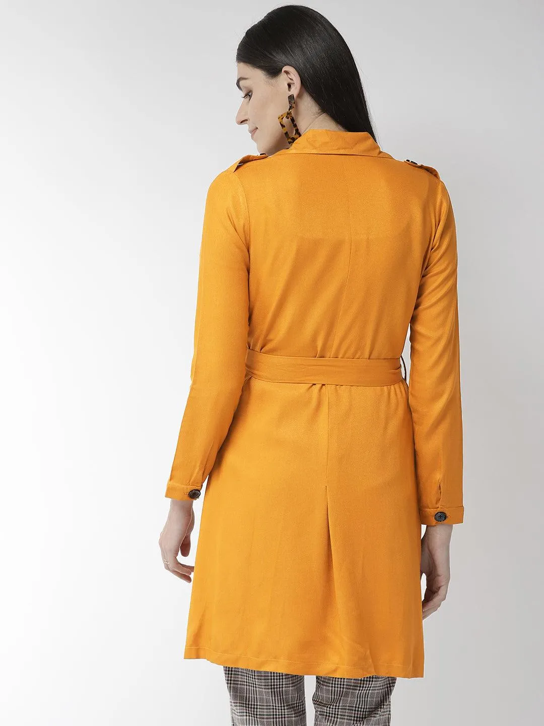 Style Quotient Women Solid Mustard Yellow viscose rayon smart casual Trench Coat