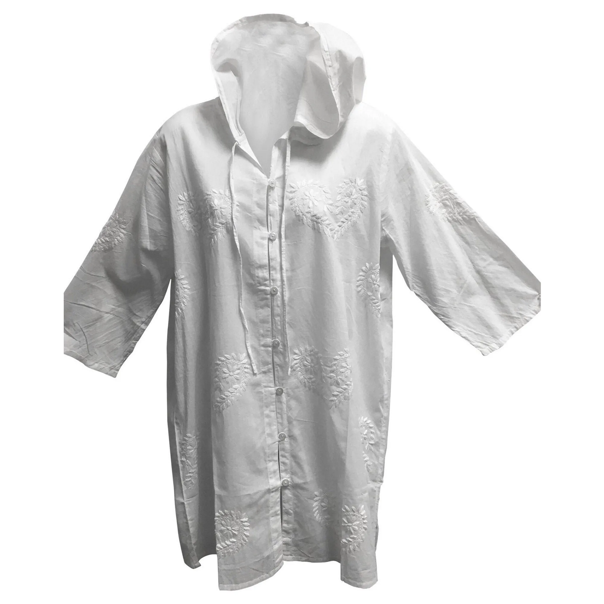 White Indian Fine Cotton Hand Embroidered Hoodie Style Long Tunic Duster Jacket Dress #13
