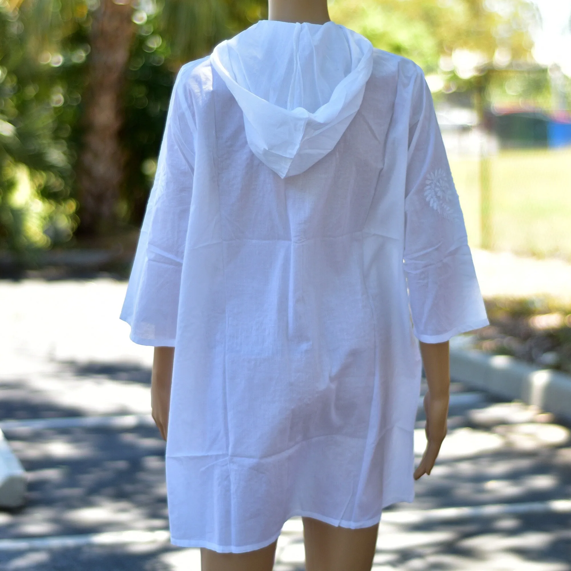 White Indian Fine Cotton Hand Embroidered Hoodie Style Long Tunic Duster Jacket Dress #13