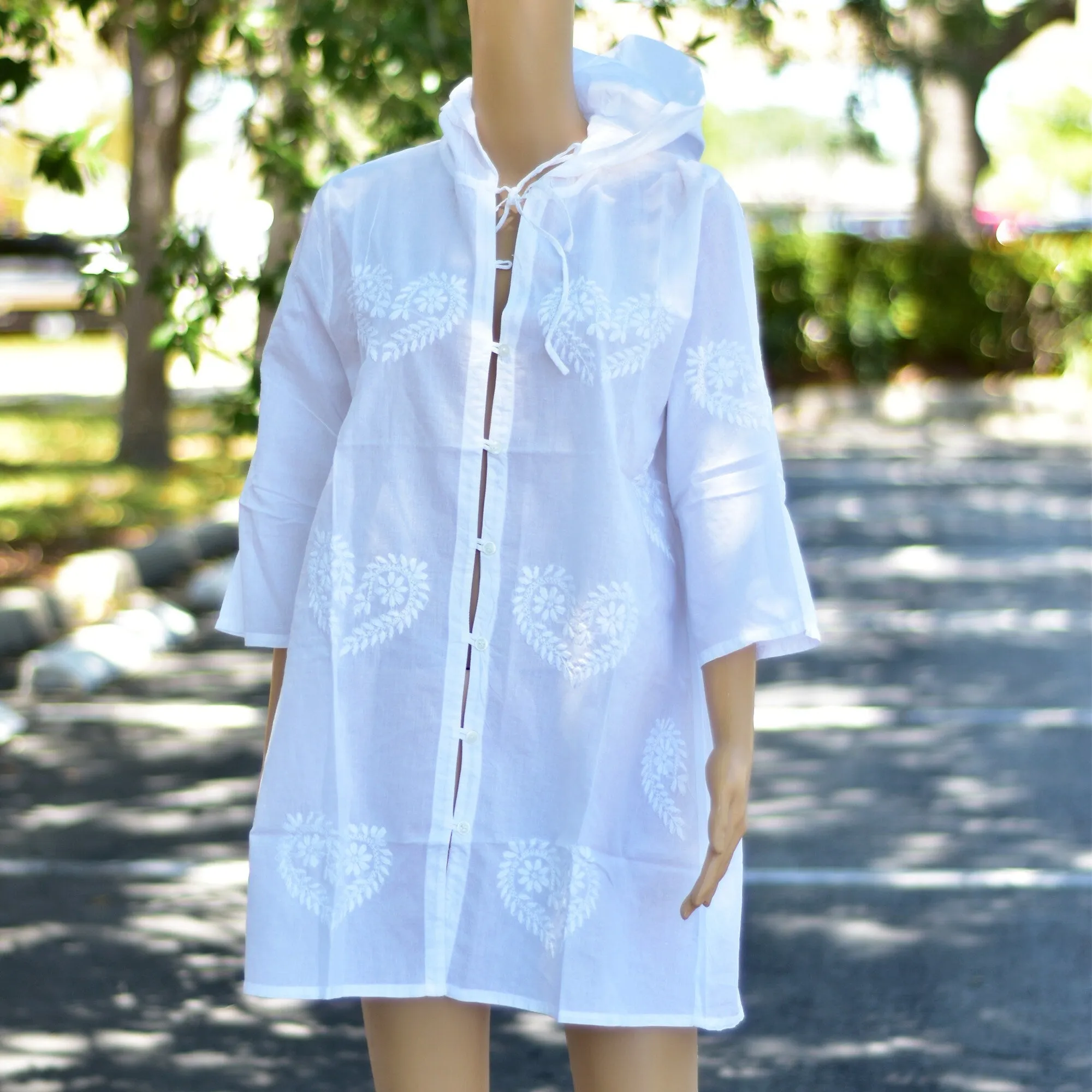White Indian Fine Cotton Hand Embroidered Hoodie Style Long Tunic Duster Jacket Dress #13