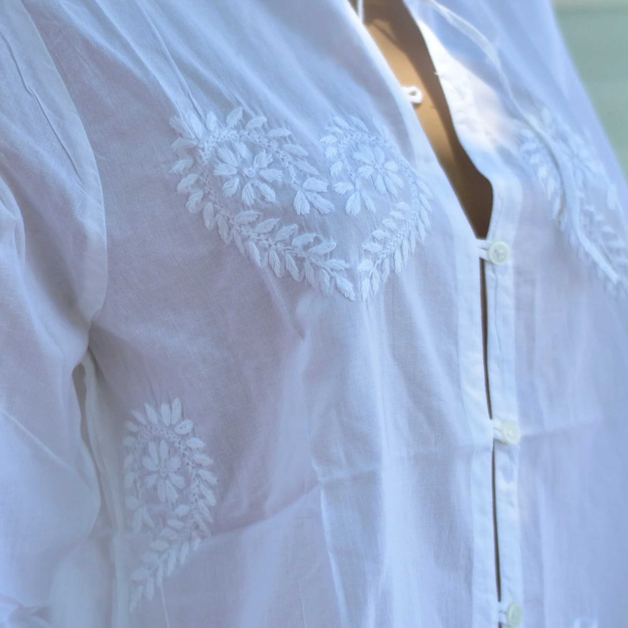 White Indian Fine Cotton Hand Embroidered Hoodie Style Long Tunic Duster Jacket Dress #13